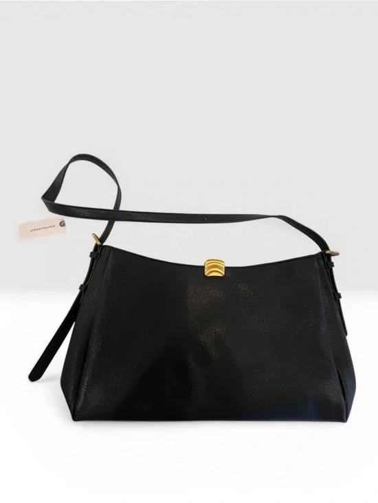 Anthropologie Foldover Slouchy Shoulder Bag Black Leather Hobo Gold Hardware NWT - Picture 7 of 11